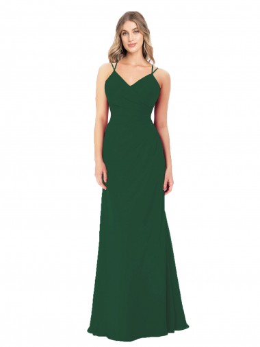Verde Escuro Linha A Decote V Chiffon Longo Vestidos de Madrinha Outlet