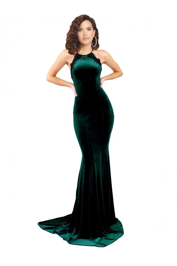 Verde Escuro Sereia Decote Alto Comboio Varredela Veludo Elástico Longo Formais Vestidos de Madrinha / Vestidos de Festa Outlet