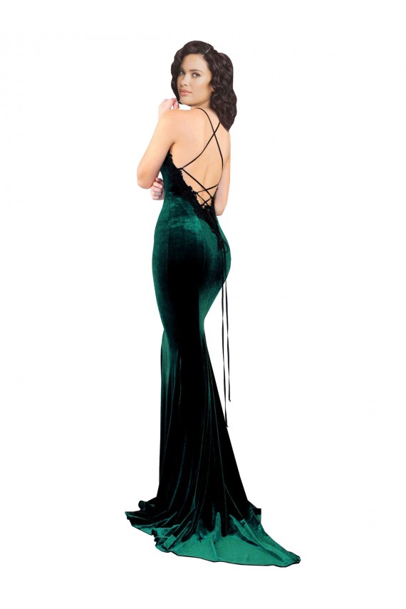 Verde Escuro Sereia Decote Alto Comboio Varredela Veludo Elástico Longo Formais Vestidos de Madrinha / Vestidos de Festa Outlet