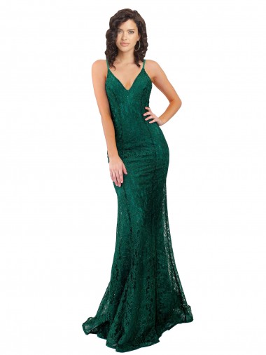 Verde Escuro Sereia Decote V Renda Longo Vestidos de Madrinha / Vestidos de Festa Outlet