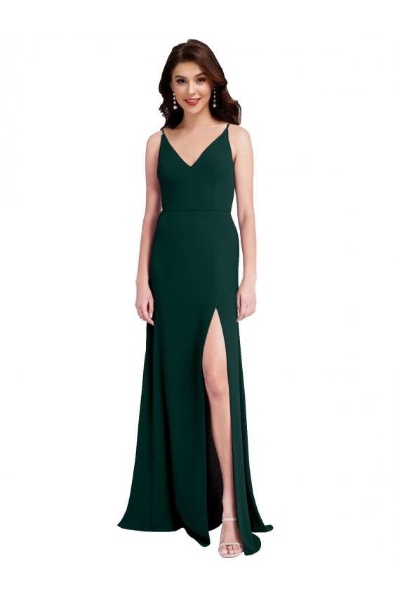 Verde Meia-Noite Crepe Esticado Linha A Costas em V Decote V Longo Formais Vestidos de Madrinha / Vestidos de Noite / Vestidos de Festa Outlet