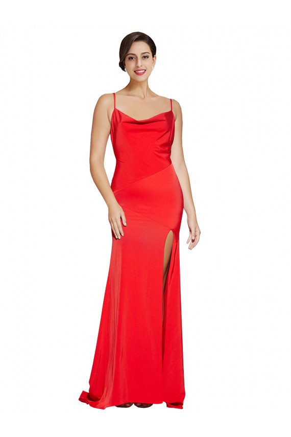 Vermelho Bainha Decote Capuz Cetim Elástico Longo Formais Vestidos de Madrinha / Vestidos de Festa Outlet