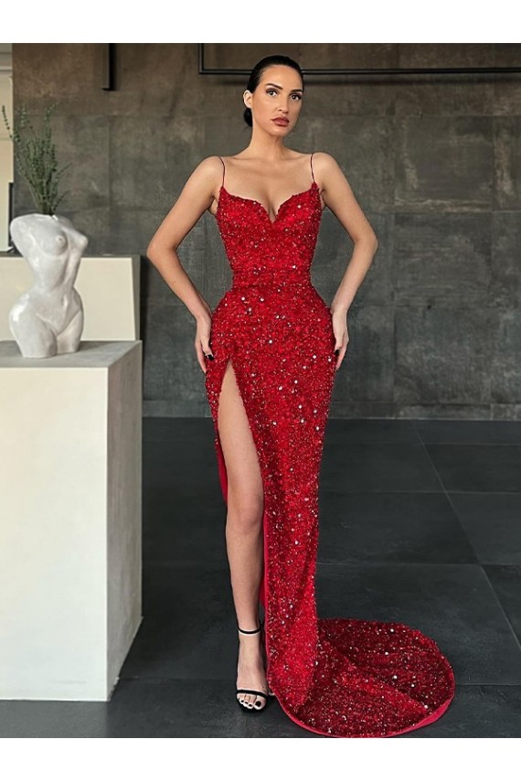 Vermelho Bainha Decote V Comboio Varredela Lantejoulas Veludo Longo Lantejoulas Veludo Vestidos de Festa Outlet