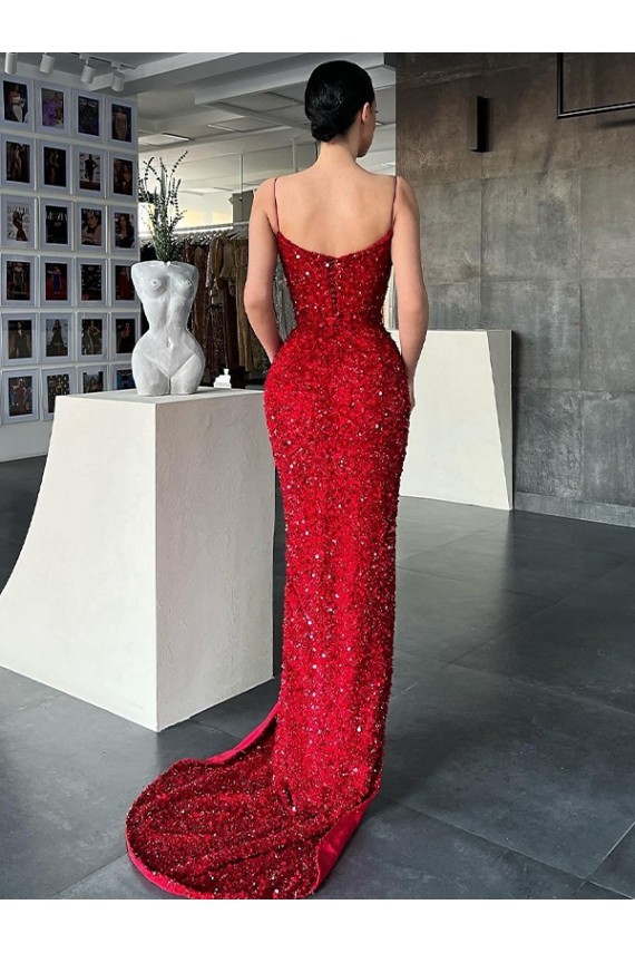 Vermelho Bainha Decote V Comboio Varredela Lantejoulas Veludo Longo Lantejoulas Veludo Vestidos de Festa Outlet