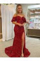 Vermelho Bainha Fora do Ombro Comboio Corte Lantejoulas Veludo Longo Lantejoulas Veludo Vestidos de Festa Outlet