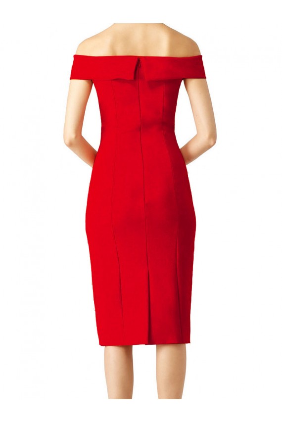 Vermelho Bainha Fora do Ombro Comprimento Chá Crepe Esticado Curto Formais Vestidos de Madrinha / Vestidos de Festa Outlet