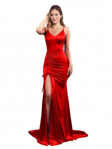 Vermelho Cetim Elástico Sereia Sem Mangas Amor Longo Formais Vestidos de Madrinha / Vestidos de Noite / Vestidos de Festa Outlet