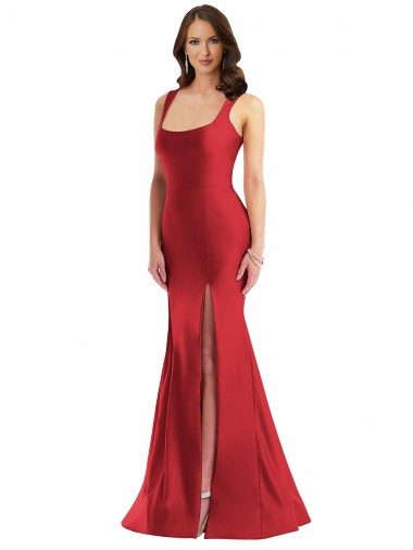 Vermelho Sereia Decote Quadrado Cetim Sedoso Longo Formais Vestidos de Madrinha / Vestidos de Festa Outlet