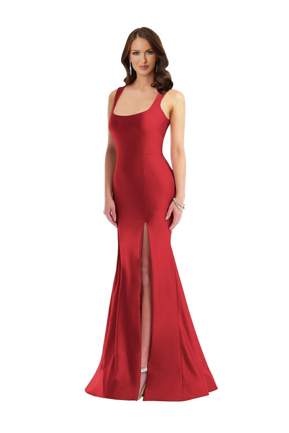 Vermelho Sereia Decote Quadrado Cetim Sedoso Longo Formais Vestidos de Madrinha / Vestidos de Festa Outlet